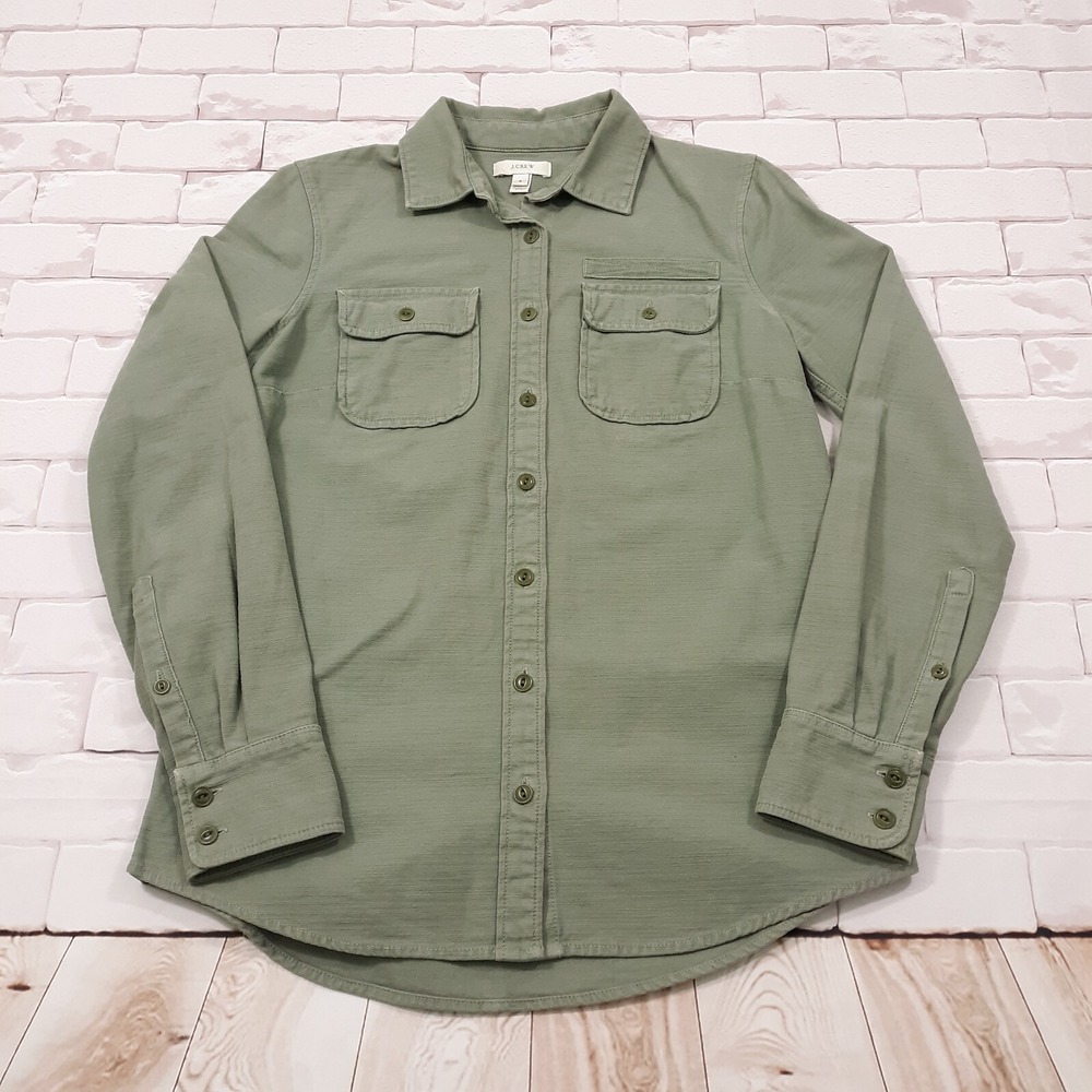 J.CREW Button Up Shirt Womens Size 2 Green 100% Heavy Cotton Outdoor Casual